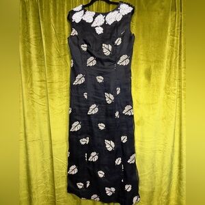 Stunning Vintage Handmade Black & Creme Leaf Embroidered and Beaded Maxi Dress